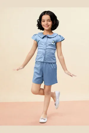 Toonyport Girls Self Design Peter Pan Collar Top with Shorts