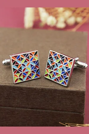 PELUCHE Multicoloured Rhodium-Plated Enamelled Square Cufflinks