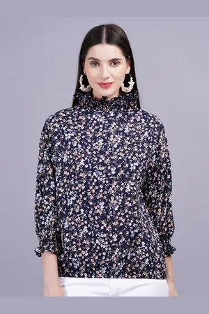 Kalini Floral Print High Neck Cuffed Sleeves Women Top