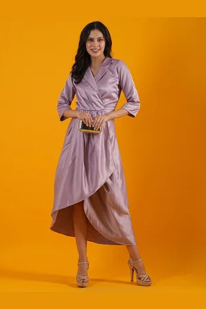 Globus Mauve Notched Lapel Pleated Satin Tulip Hem Midi Wrap Dress