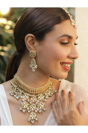 Rubans Women 22KT Gold Plated Luxury Kundan Studded White Beaded Choker Necklace Set