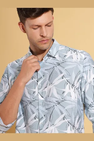 HERE&NOW Grey Slim Fit Floral Printed Spread Collar Long Sleeves Shirt