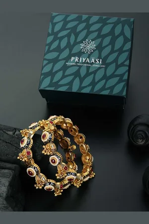 Priyaasi Set Of 2 Gold-Plated Red & Blue Ruby & Kundan-Studded Beaded Meenakari Bangles