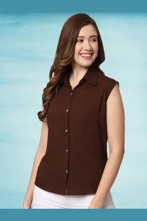 Funday Fashion Women Solid Spread Collar Sleeveless Casual Shirt
