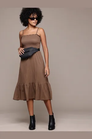 Roadster Solid Smocked Crepe A-Line Midi Dress