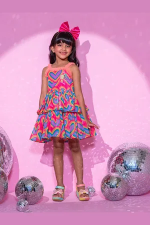 LIL DRAMA Girls Barbie Conversational Print Shoulder Straps Cotton Layered A-Line Dress
