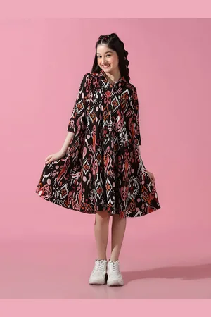Cherry & Jerry Girls Ethnic Motifs Ikat Printed Shirt Collar A-Line Midi Dress