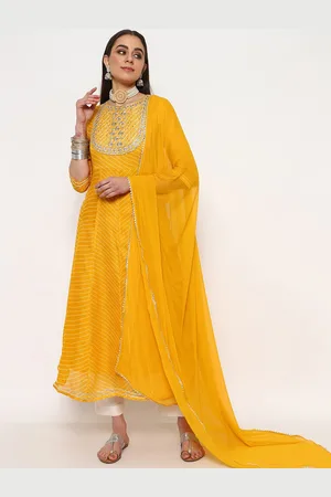 Kalini Women Leheriya Embroidered Empire Patchwork Kurta with Trousers & With Dupatta