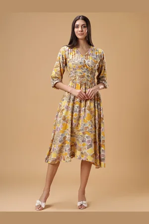 Bani Women Floral Print Puff Sleeves Smocked Liva Fit & Flare Midi Dress