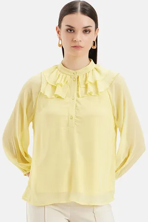 Kazo High Neck Cuffed Sleeves Ruffles A-Line Chiffon Top