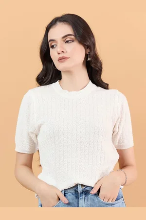 CLAPTON Women Self Design Striped Round Neck Knitted T-shirt
