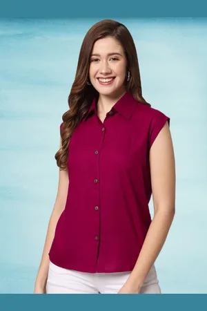 Funday Fashion Women Solid Spread Collar Sleeveless Casual Shirt