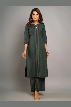 CRAFTED FOR YOU Women Green Pleated Thread Work Pure Cotton Kurta with Palazzos