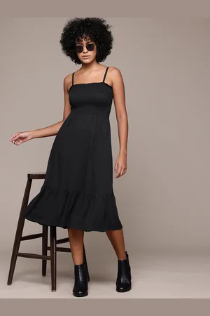 Roadster Solid Smocked Crepe A-Line Midi Dress
