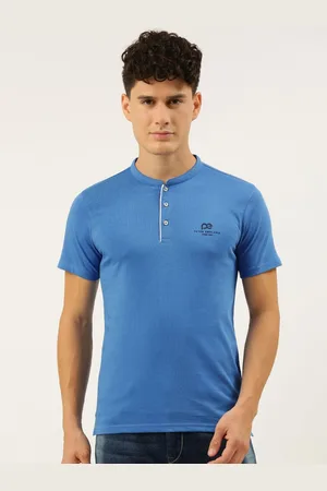 Peter England Men Blue Henley Neck Pure Cotton Slim Fit T-shirt