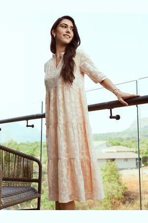 Bombay High Floral Printed Tie-Up Neck Puff Sleeve Chiffon A-Line Midi Dress