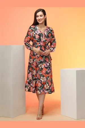 Globus Black Tropical Printed Puff Sleeves Satin Midi Fit & Flare Dress