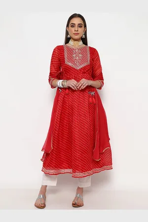 Kalini Women Leheriya Embroidered Empire Patchwork Kurta with Trousers & With Dupatta