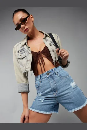 Miss Chase Women Relaxed Fit Mid-Rise Distressed Denim Shorts