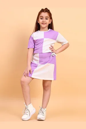 YK Girls Colourblocked Pure Cotton Top With Skirt