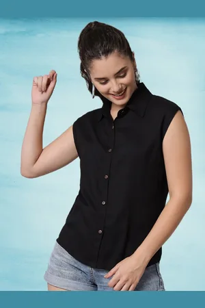 Funday Fashion Women Solid Spread Collar Sleeveless Casual Shirt