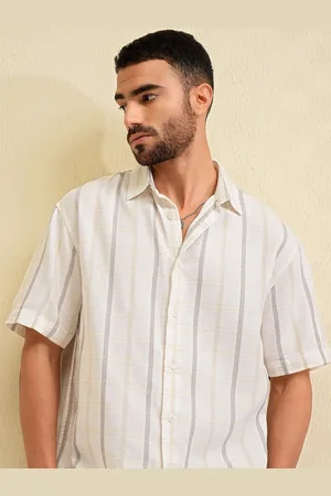 LocoMotive Men Cotton Linen Dobby Textured Checked Oversized Overshirt