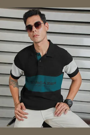 High Star Men Polo Collar Typographic Colorblocked Cotton T-shirt