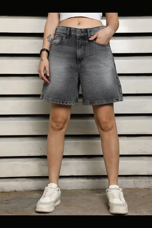High Star Women Boyfriend Fit Washed High-Rise Cotton Denim Shorts