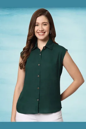 Funday Fashion Women Solid Spread Collar Sleeveless Casual Shirt