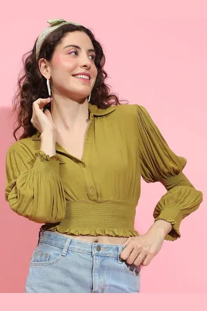 Oxolloxo Women Solid Cuffed Sleeves Shirt Collar Crop Top