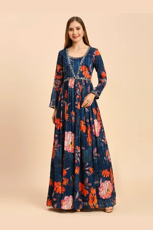 MADHURAM Floral Printed Satin Maxi Ethnic Dress