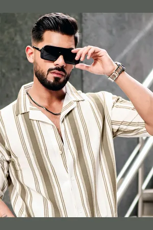 Maniac Men Cuban Collar Striped Casual Oversized Shirt