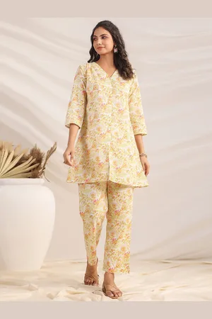 Janasya Floral Printed Pure Cotton A-Line Tunic With Trouser