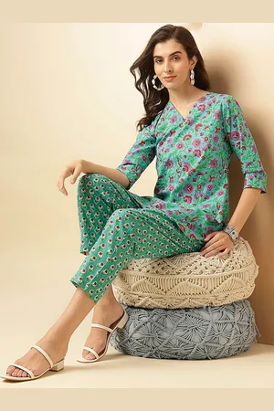 Shaily Retails Aqua Blue Floral Printed V-Neck Pure Cotton Tunic & Trousers