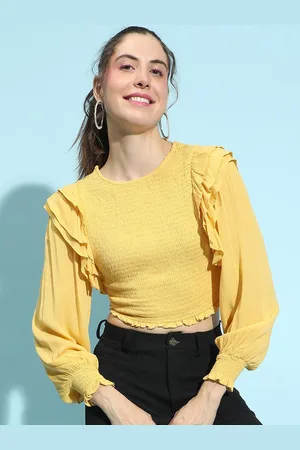 Oxolloxo Women Solid Bishop Sleeves Ruffles Crop Top