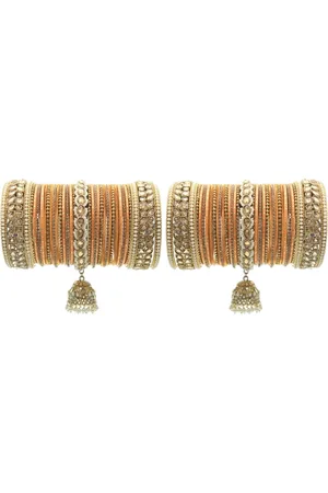 Leshya Set Of 70 Brass Plated Kundan Studded & Beaded Jhumki Bangles