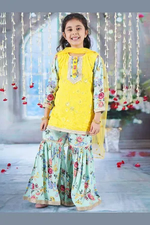 Little Bansi Girls Embroidered Sequinned Pure Cotton A-Line Kurta With Sharara & Dupatta