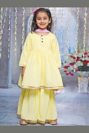 Little Bansi Girls Floral Embroidered Pure Cotton A-Line Kurta With Sharara & Dupatta