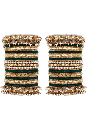 Leshya Set Of 66 Brass Plated Kundan Studded & Beaded Velvet Traditional Ethnic Bangles