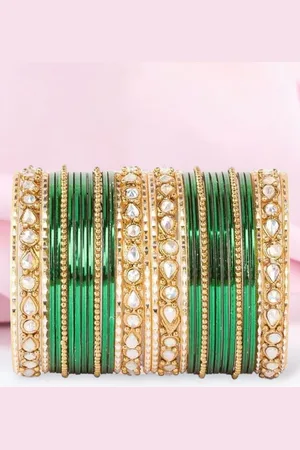 Leshya Set Of 32 Brass-Plated Stone-Studded & Beaded Bangle