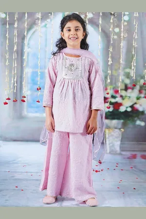 Little Bansi Girls Floral Embroidered Pure Cotton A-Line Kurta With Palazzos & Dupatta