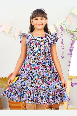 Jilmil Girls Mickey & Friends Printed Square Neck Flutter Sleeve A-Line Dress