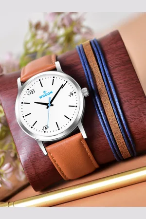 WROGN Men Leather Bracelet and Analog Watch Gift Set