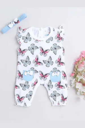 BUMZEE Infant Girls Conversational Printed Cotton Rompers With Headband