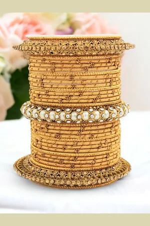Leshya Set Of 31 Brass-Plated Artificial Stone & Beads Thread Bangles