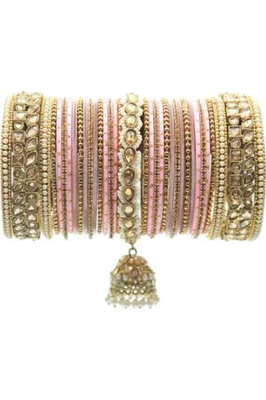 Leshya Set Of 70 Brass-Plated Kundan Studded & Beaded Jhumki Bangles