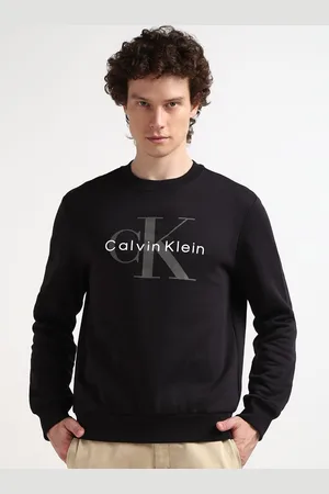Calvin Klein Men Black Logo Crew Full Sleeves Pullover Sweatshirt