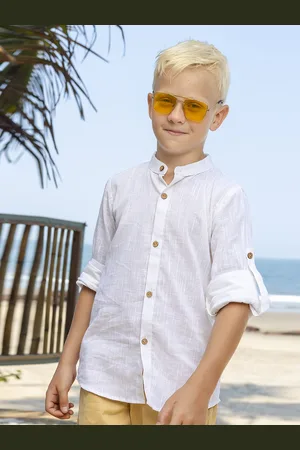 Jilmil Boys Band Collar Roll-Up Sleeves Cotton Casual Shirt