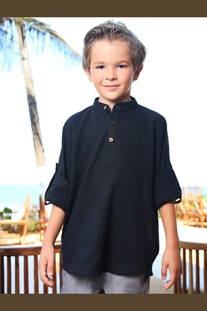 Jilmil Boys Spread Collar Roll-Up Sleeves Cotton Casual Shirt
