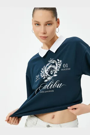 Koton Women Graphic Printed Polo Collar Pure Cotton T-shirt
